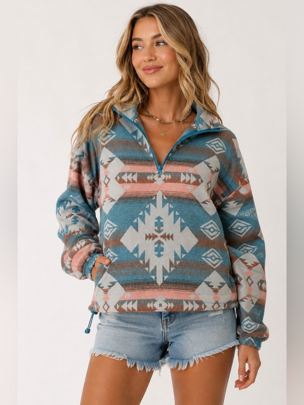 Aztec Print Half-Zip Pullover Top - Teal & Coral